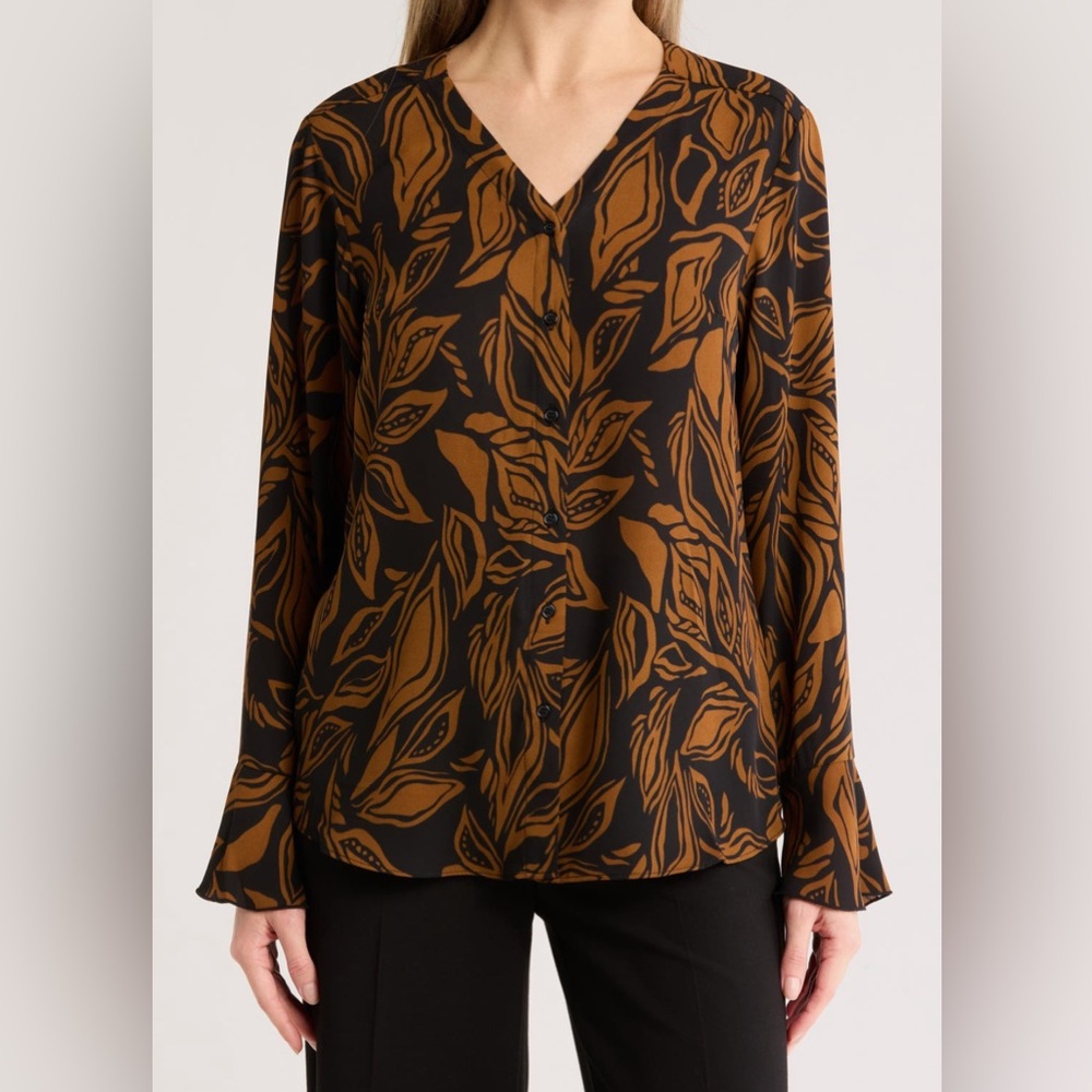 T Tahari Long Sleeve Button-up Top, Black / Brown Leaf Print